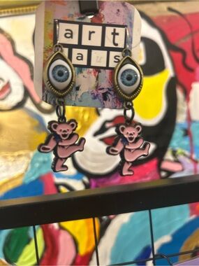 Pink Grateful Dead Jerry Bear and Blue Eye Dangle Earrings